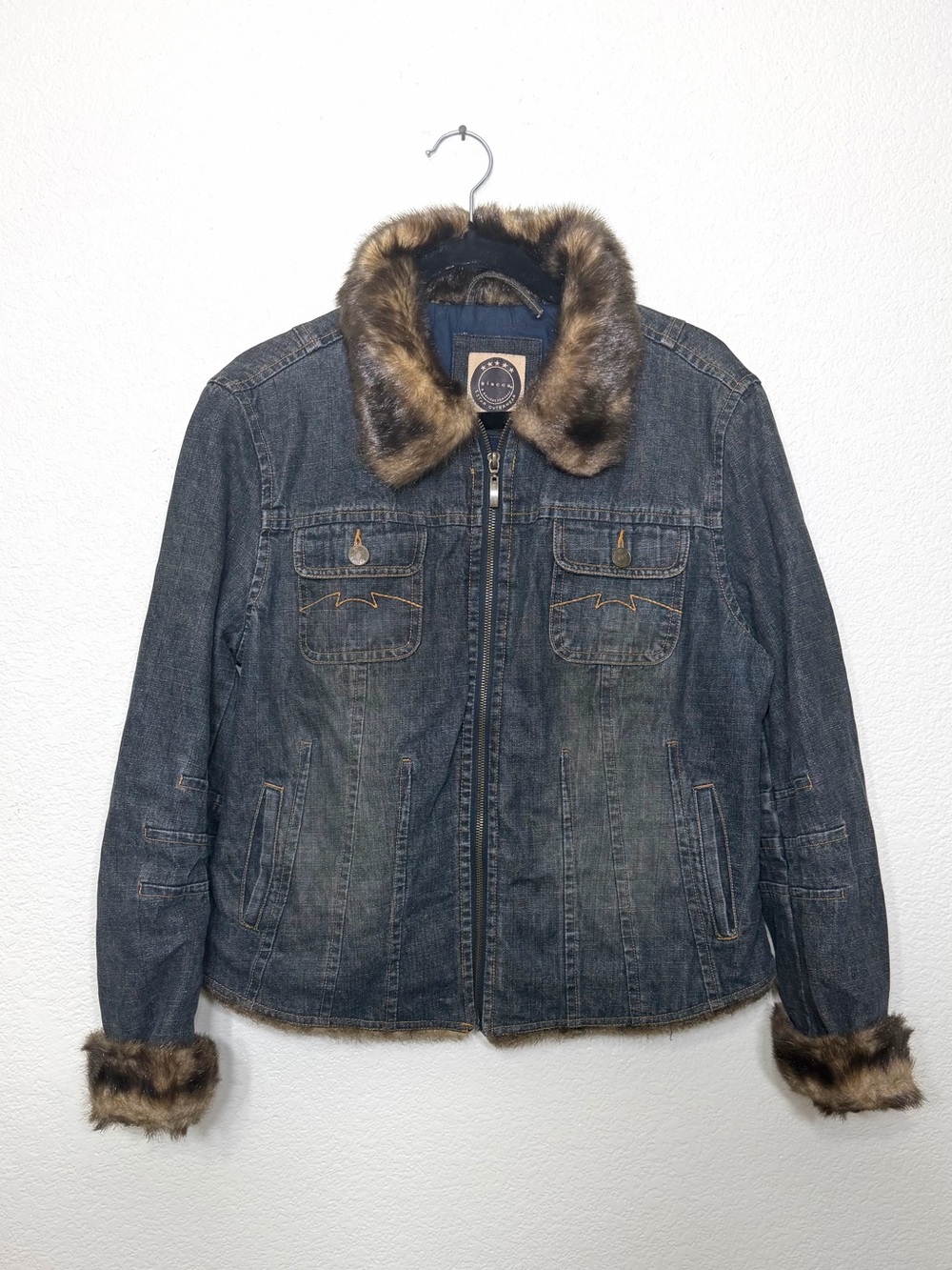 Vintage Y2K Giacca blue denim zip-up jacket plush brown faux fur trim size L